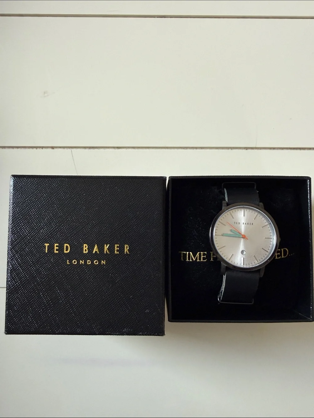 Ted Baker Black Leather Strap Watch with Silver Dial and Teal Second Hand